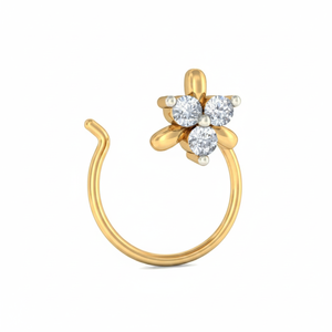 Gorgeous High Quality 14K Yellow Gold Three-Stone Real Round Diamond Studded Ethnic <b>Nose</b> <b>Pin</b> for Women - Product Image 2