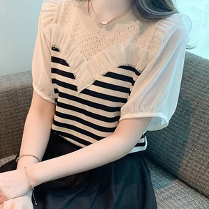 Vêtements pour femmes Mode estivale Patchwork coréen Couleurs contrastées Col en O Femme All-match Fashionable Striped Short Sleeve Tops - Product Image 1