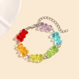 Lovely Colorful Gummy Bear Bracelet Cute Resin Candy Color Tiny Animal Charms Dangling Bracelet Adorable Gift for Women Girls