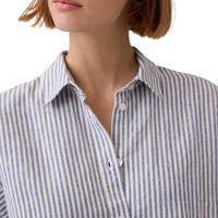 Kemeja Wanita 100% Linen, Rajutan Garis-Garis, Lengan Pendek, Kancing Depan, Lembut, Bernapas, Sejuk, Kasual untuk Musim Panas, OEM Pabrik, Label Custom