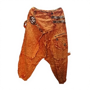 Pantalon cargo hippie d'été en toile respirante, taille élastique, plissé devant, longueur mollet, motif géométrique délavé - Product Image 1