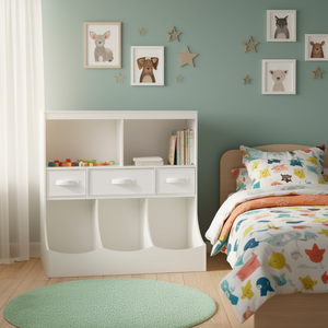 Armario Infantil Blanco con Cajones, Organizador de Juguetes, Estantería para Libros, Estante de Exhibición para Dormitorio, Diseño Minimalista, Material MDF - Product Image 2