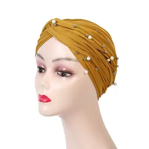 2023 new variety turban Muslim pearl beads soft African hijab turban headwrap for women