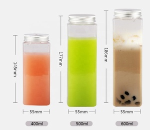 Bouteilles carrées en PET de 400/500/600 ml (14/16/20 oz) avec bouchon en aluminium et pailles, sérigraphie pour jus, bubble tea, soda et champagne - Product Image 3
