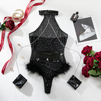 Nouvelle Collection 2026 Lingerie Babydoll Sexy Transparente en Dentelle à Plumes et Strass Scintillants, Body en Maille à Col Halter