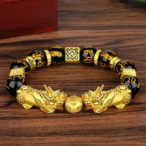 Good Luck Wealth Jewelry Agate Obsidian Glass Resin Beads Pixiu Bracelet For Men Women Six Words Feng Shui Bracelets