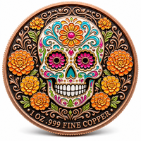 Pièce de monnaie commémorative en cuivre fin 99,9 % de 1 once, avec relief 3D, thème Jour des Morts, motif Calavera et Souci, pièce de défi souvenir, pour décoration, présentation et cadeau