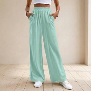 Mid Waist Wide <b>Leg</b> Pants Breathable Lightweight Casual Everyday Wear Pockets Women Relaxed Fit Soft Summer Plain Dyed - Product Image 1