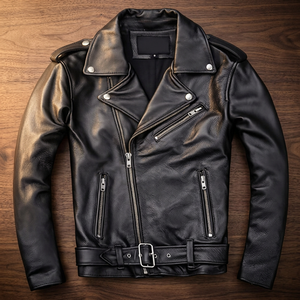 Blouson bomber pour homme en cuir véritable noir gaufré, respirant, séchage rapide, col rabattu, poches, fermeture éclair, ceinture à la taille - Product Image 6