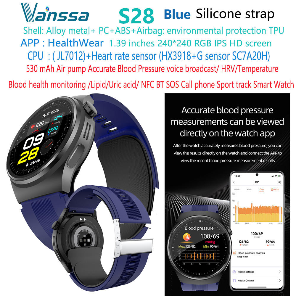 Montre intelligente ECG de pression artérielle de santé bleue S28