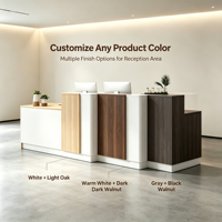 Comptoir de réception en forme de L personnalisé, blanc, avec panneau en bois, comptoir frontal étagé, bureau, hall d'hôtel