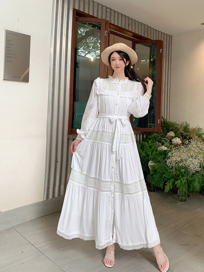 New Spring Fashion Candy Color Long Sleeve Lace Patchwork Long