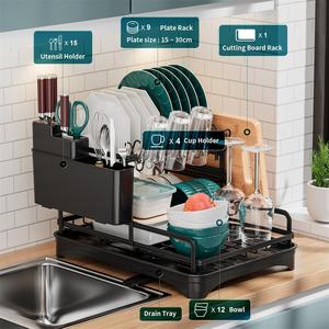 <span class=keywords><strong>Escurridor</strong></span> de Platos Moderno de 2 Niveles con Soporte <span class=keywords><strong>para</strong></span> Cubiertos, Ganchos <span class=keywords><strong>para</strong></span> Tazas, Boquilla de Drenaje, de Acero al Carbono, Fabricante de Escurridores de Cocina - Product Image 3