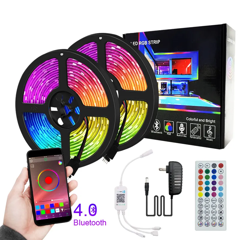 Buletooh Wireless 32ft Smart 5050 RGB Multi Color Music Sync flessibile impermeabile con telecomando e adattatore di alimentazione LED Strip Light