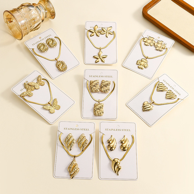 HWASAN Trendy Women's Stainless Steel Gold Plated Jewelry Set Flower Butterfly Heart Texture Earrings Necklace Gift for Party