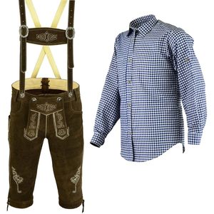 Ensemble chemise et short bavarois en daim pour homme, avec broderie, bleu à carreaux, manches longues, costume adulte - Product Image 1