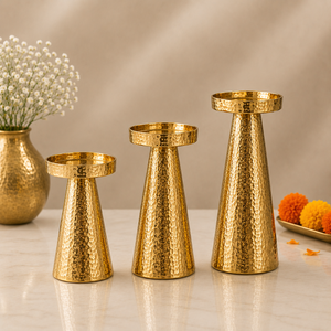 Handcrafted Gold Metal Candle <b>Holder</b> Set of 3 – Elegant <b>Hammered</b> Finish Pillar Candle Stands Decorative Table Centerpiece - Product Image 2