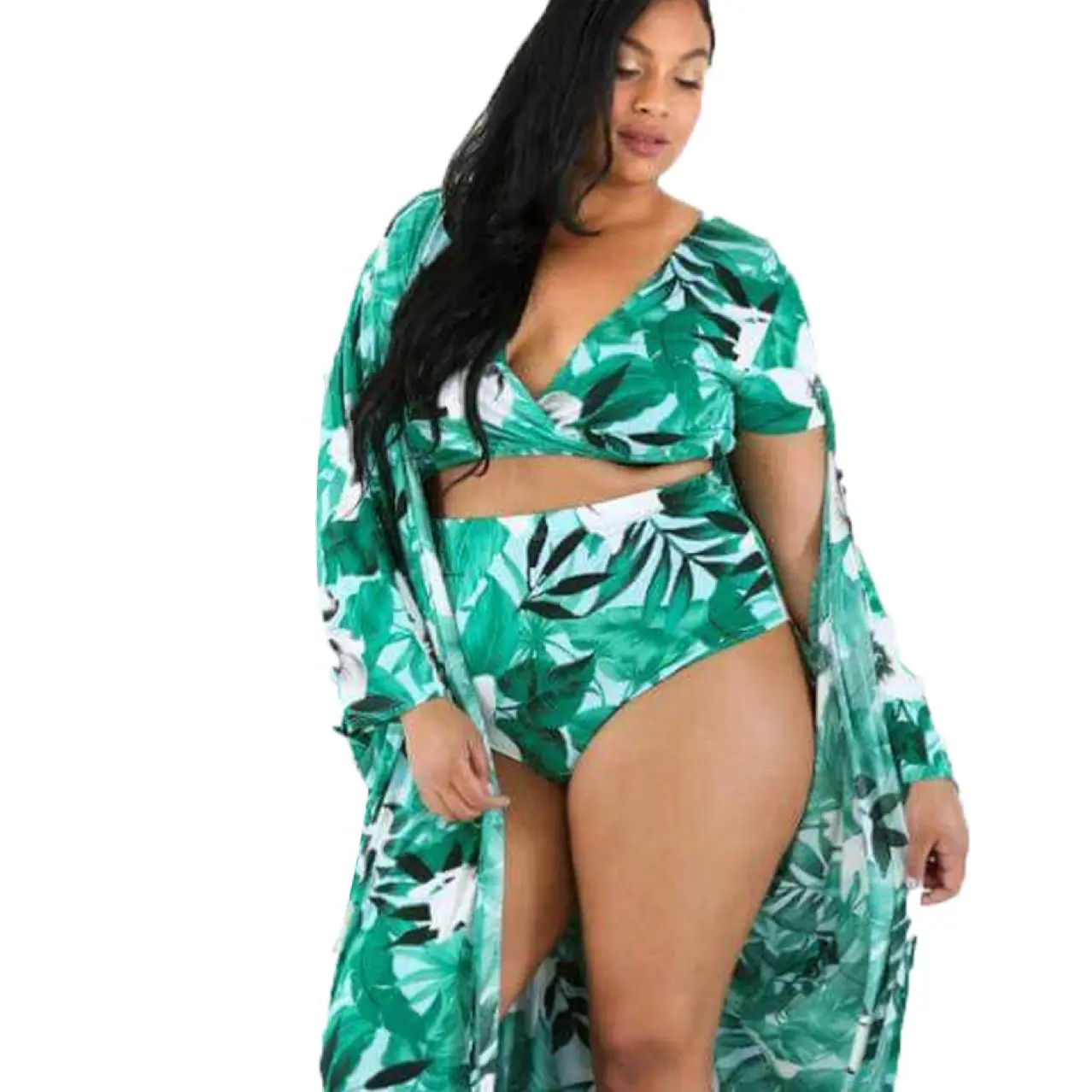 Hot Sale Summer Holiday Plus Size Bathing Swimming Bikini Fashion Green Leaf Pattern Swimwear Three Piece Swimwear