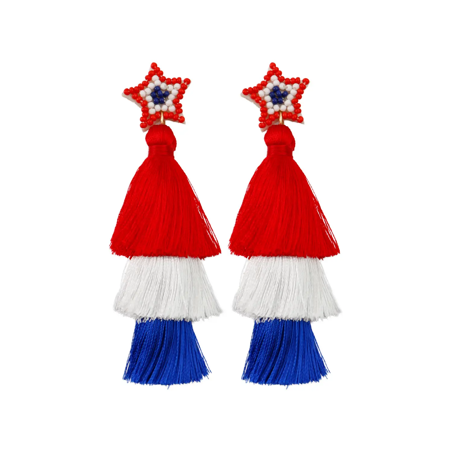 Fashion Jewelry Fancy Long Tassel Bead Earrings Bohemian Wholesale 4th of July Handmade Red Blue Star Tassel Earring for Women