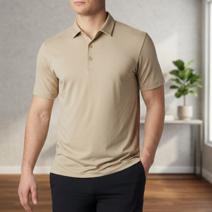 เสื้อโปโลแขนสั้นสีพื้นสำหรับผู้ชาย ทรงลำลอง ผ้าถัก สีเบจ - Product Image 3