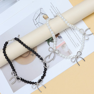 Collar de Metal Estilo Coreano con Lazo, Gargantilla con Imitación de Perlas en Blanco y Negro, Joyería para Fiesta, Diseño Dulce y Moderno con Temática de Ballet - Product Image 2