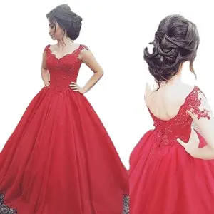 LL081 Fashionable Ball Gown V-Neck Wedding Gowns Glamourous Lace Appliques Bridal Dresses Charming Beading Red Wedding Dresses