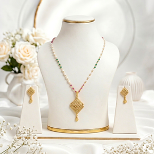Gold Color Micro Ad Pendant Necklace and Earring <b>Set</b> Beaded Chain Diamond Shape Jewelry <b>Set</b> for Women - Product Image 1