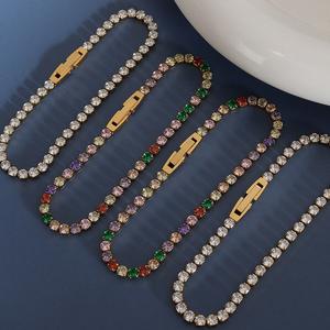 Bracciale a catena tennis in acciaio inossidabile placcato oro con design geometrico di tendenza, set di gioielli classico e popolare con zirconi colorati - Product Image 3