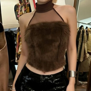 Top sin mangas sexy con cuello alto y diseño de malla con peluche, estilo urbano y moderno - Product Image 2