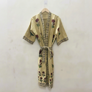 Robe en coton imprimée à la main indienne pour femme – Kimono long fleuri, ceinturé, ouvert sur le devant, pour la détente et les vacances - Product Image 1