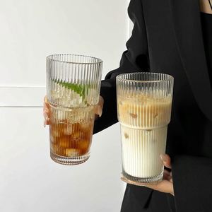 Ins Style High Appearance Eco-Friendly Modern Simple Design Glass Cup Lid Straw Vertical Striped Beverage Large Capacity Water - Product Image 2