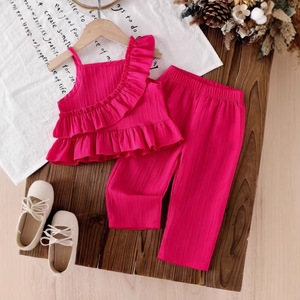 Nuovo Completo Estivo 2026 per Bambine, Stile Europeo e Americano, Due Pezzi Senza Maniche in Cotone e Seta, <span class=keywords><strong>Pantaloni</strong></span> Corti Tinta Unita - Product Image 1