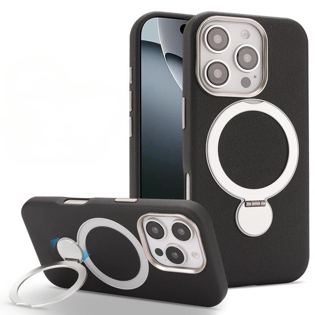 Luxury Leather Case 360 Rotation Magnetic Ring Stand phone case for iPhone 14 15 16 17 Pro Max PC+PU Leather Protective Cover