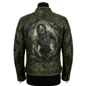 Blouson en cuir pour homme Swamp Creature Racing, vert forêt vieilli, avec motif zombie, style motard, texture boueuse, streetwear, vêtement moto - Product Image 1