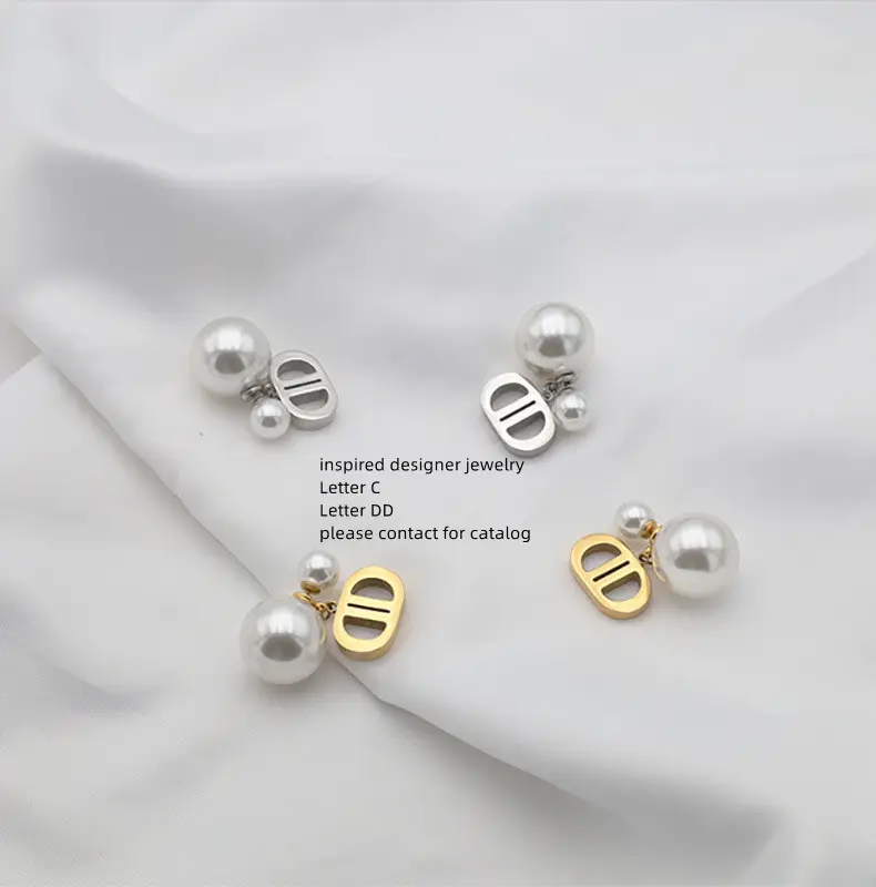 Fashion Designer pearl stainless steel hoop Earrings double CC Letter DD stud Earrings Inspired Designer Jewelry
