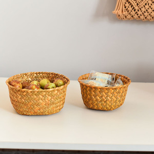 Natural Seaweed Woven Storage <b>Basket</b> Round Orange Color Food Container Kitchen Desktop Use - Product Image 5