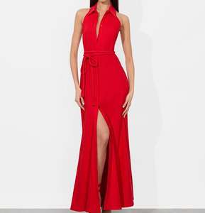 Chic rojo cuello Halter Maxi vestido con cintura cuerda lazo adecuado vacaciones eventos vestido de lino - Product Image 4