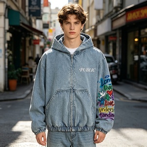 OEM/ODM High-End Custom Streetwear Boxy Fit Hand Drawn Printing Denim Hoodie Flat Embroidery Acid Wash Loose Men's Zipper Hoodie - Product Image 3
