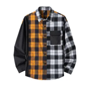 Fashion flannel men's shirt plaid patchwork cotton orange shirt for daily