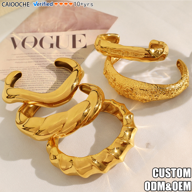 CAIOOCHE Gold Plated Jewelry Textured Cuff Bracelets Stainless Steel Statement Sculptural Wavy Hammered Bangles for Women Gift