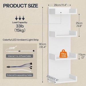 Modern <strong>Floating</strong> Wall <strong>Shelves</strong> with LED Light, White 4 Tier <strong>Floating</strong> <strong>Shelf</strong> Wall Mounted for Storage, <strong>Black</strong> Vertical Display Stand - Product Image 2