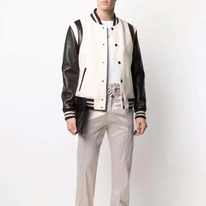 Blouson Bomber Vintage Homme Brodé Style Universitaire Manches en Cuir Coupe-Vent Bloc de Couleurs Basketball Flamingo - Product Image 2