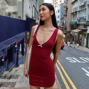 Vestido sin mangas con cuello en V y lazo, color liso, corte ajustado, para primavera y verano, para mujer - Product Image 1