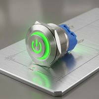 Botón Pulsador Momentáneo Electrónico de Aluminio y Acero Inoxidable de 25 mm, IP65 Impermeable, 5 Pines, 1NO1NC, 3A, Símbolo de Energía Verde Iluminado