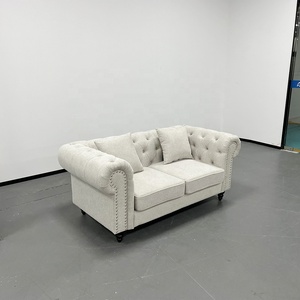 PZCN HOME Elegant Button Tufted 2 Seater Sofa Light <strong>Grey</strong> Linen Fabric <strong>Loveseat</strong> With Rolled Arm Nailhead Trim Bedroom Furniture - Product Image 1