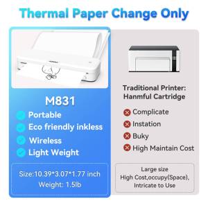 AMO New M831 휴대용 무선 잉크 없는 열전사 프린터 파란 치아 열 프린터 지원 5 크기 용지 - Product Image 4