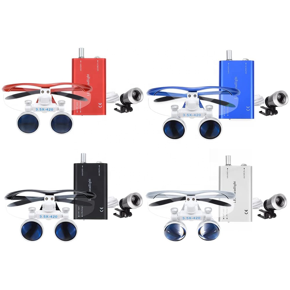 Стоматологические медицинские бинокулярные лупы 2.5X/ 3.5X 420 мм, оптическая стеклянная лупа со светодиодной головкой 1 Вт, четырехцветный алюминиевый корпус