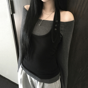 Conjunto de Dos Piezas con Top Halter de Manga Larga y Hombros Descubiertos, Estilo Colorblock, Cintura Ajustada, Estilo Europeo Americano, Sexy, Elegante y Versátil - Product Image 4