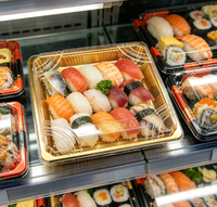 Boîte alimentaire jetable HYX-81201 en PET, design personnalisé, carrée dorée, pour sushis, gâteaux, salades et sandwichs, avec couvercles et compartiments, à emporter