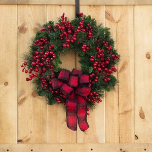 Guirlande <span class=keywords><strong>de</strong></span> Noël à suspendre à la <span class=keywords><strong>porte</strong></span>, nœud rouge à carreaux, baies, décoration <span class=keywords><strong>de</strong></span> Noël artificielle, couronne <span class=keywords><strong>pour</strong></span> la ferme, intérieur et extérieur - Product Image 3